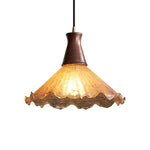 Vintage Brass Pendant Light with Walnut Wood and Cracked Glass Shade