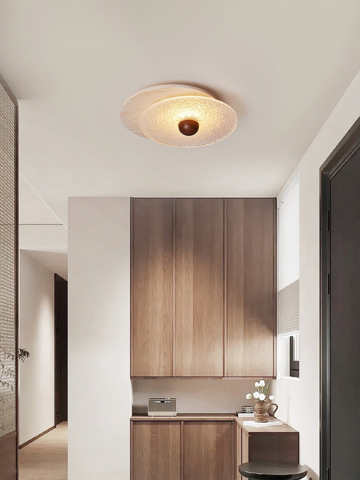 Radiant Disc Ceiling Light in Travertine and Textured Glass