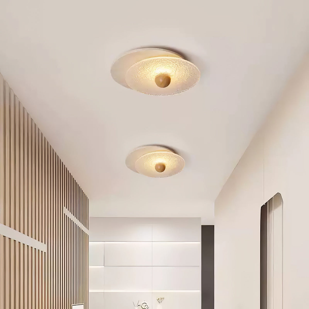 Radiant Disc Ceiling Light in Travertine and Textured Glass