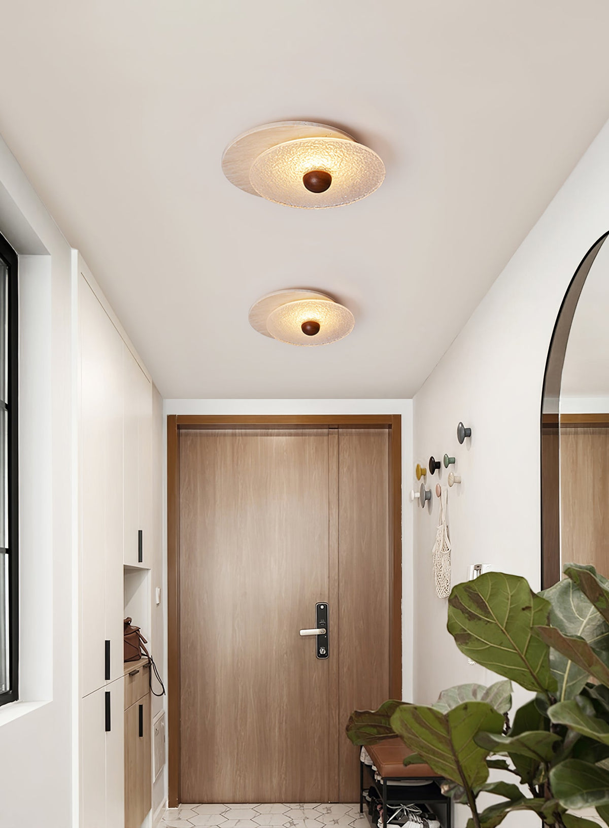 Radiant Disc Ceiling Light in Travertine and Textured Glass