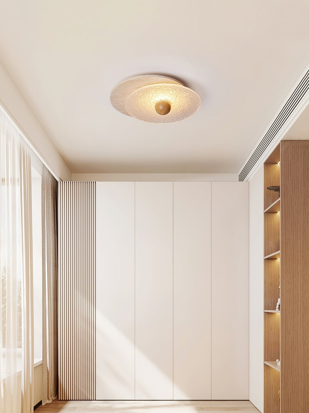 Radiant Disc Ceiling Light in Travertine and Textured Glass