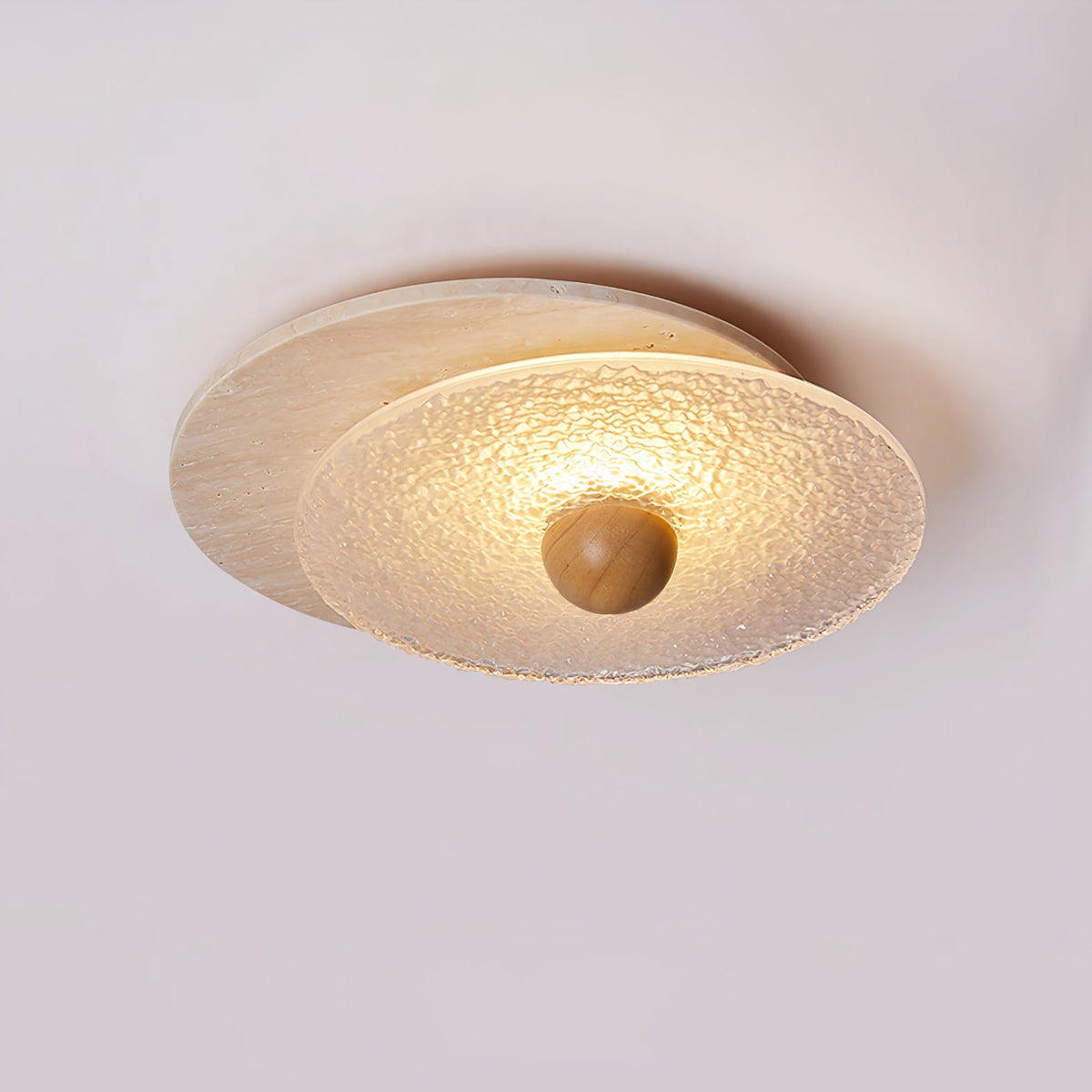 Radiant Disc Ceiling Light in Travertine and Textured Glass