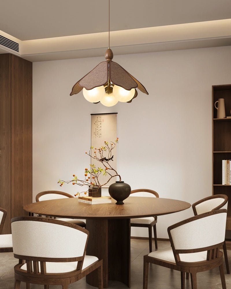 Ravia Pendant Light in Raffia, Glass, and Wood – Modern Organic Chandelier for Dining and Living Spaces