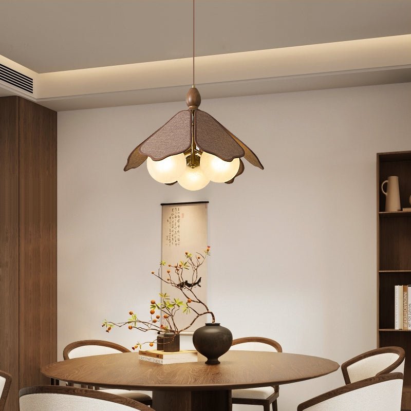 Ravia Pendant Light in Raffia, Glass, and Wood – Modern Organic Chandelier for Dining and Living Spaces