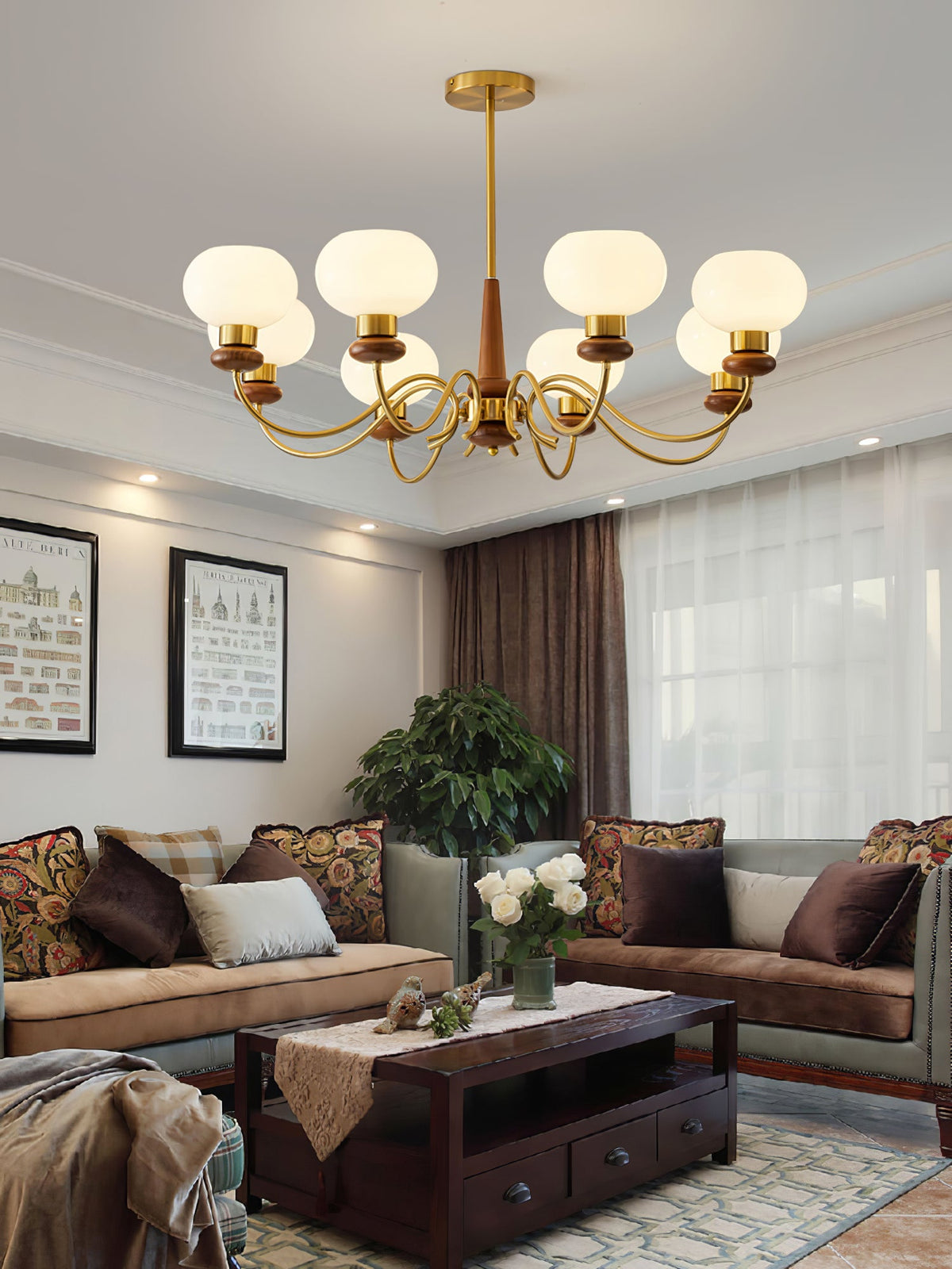 Regency Globe Chandelier — Gold & Opaline Glass Pendant Light