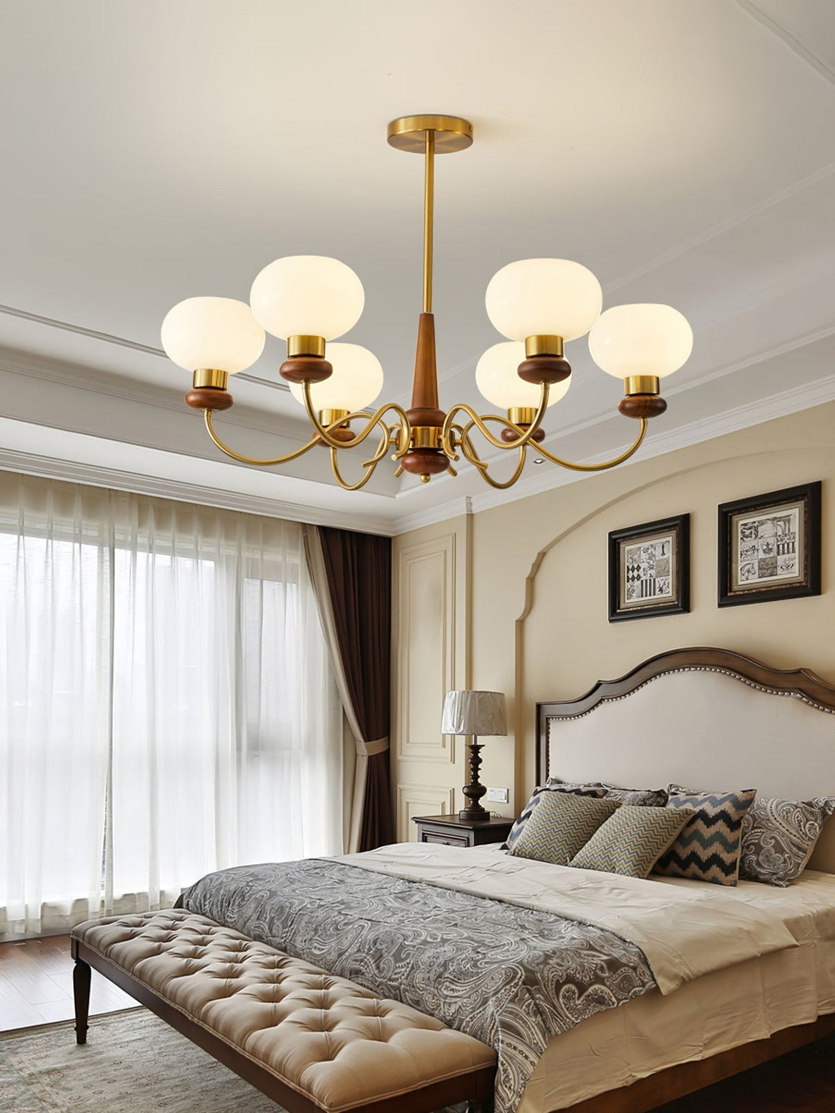 Regency Globe Chandelier — Gold & Opaline Glass Pendant Light