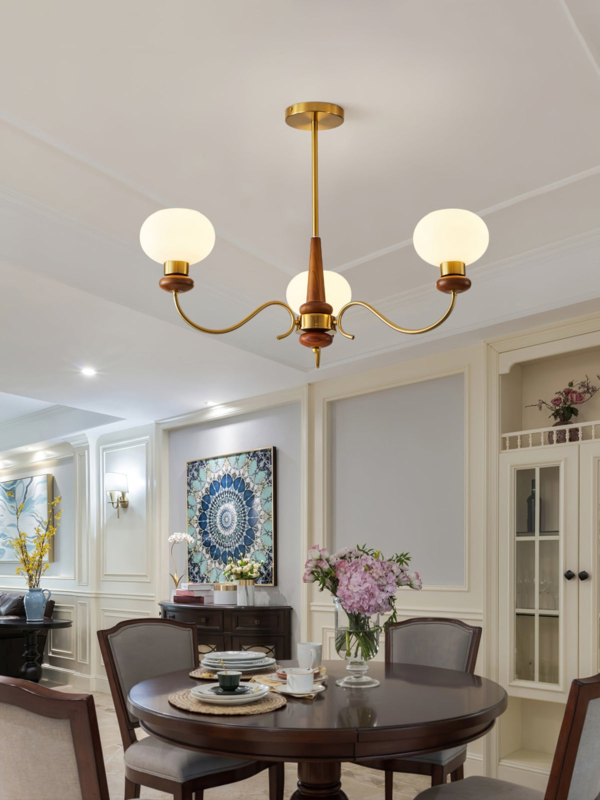 Regency Globe Chandelier — Gold & Opaline Glass Pendant Light