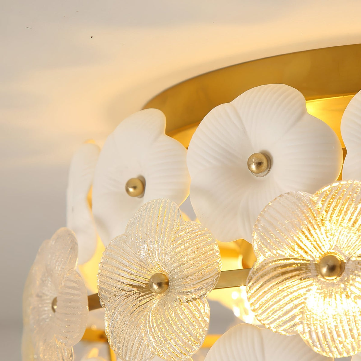 Regina Flowers Semi Flush Mount Ceiling Light in Gold and White Glass