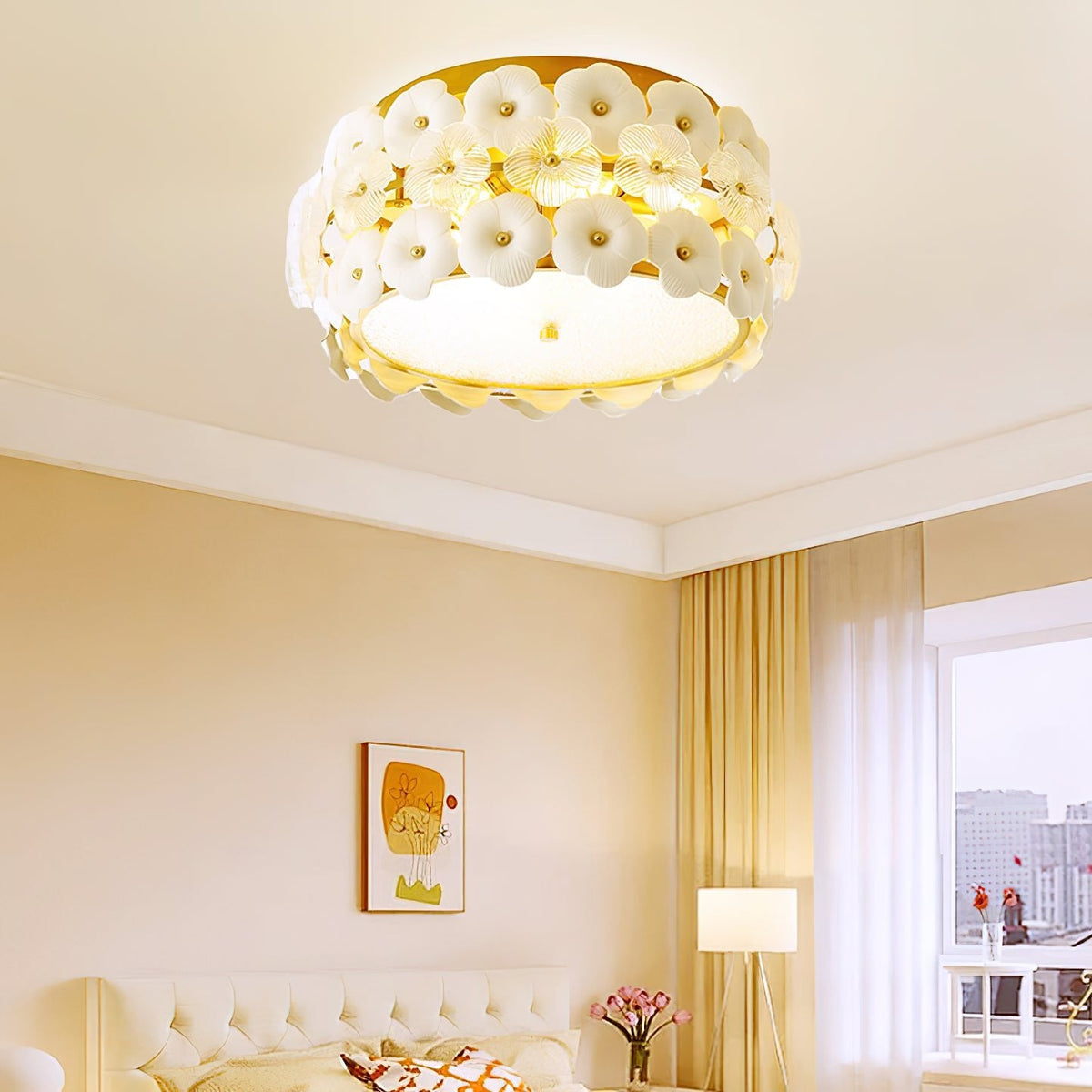 Regina Flowers Semi Flush Mount Ceiling Light in Gold and White Glass
