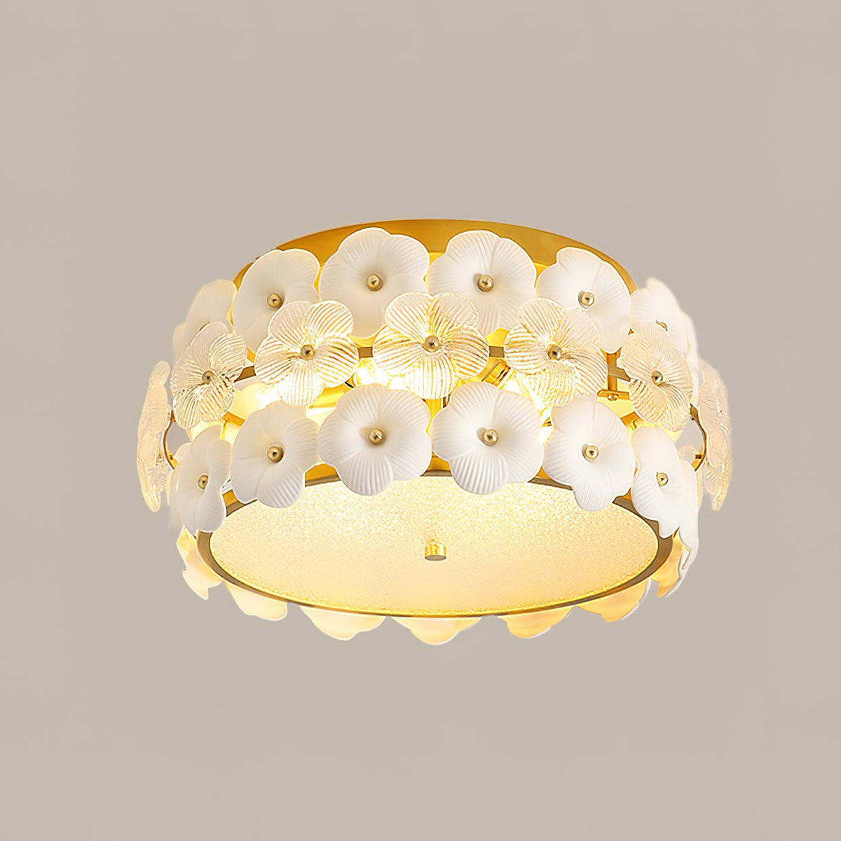 Regina Flowers Semi Flush Mount Ceiling Light in Gold and White Glass