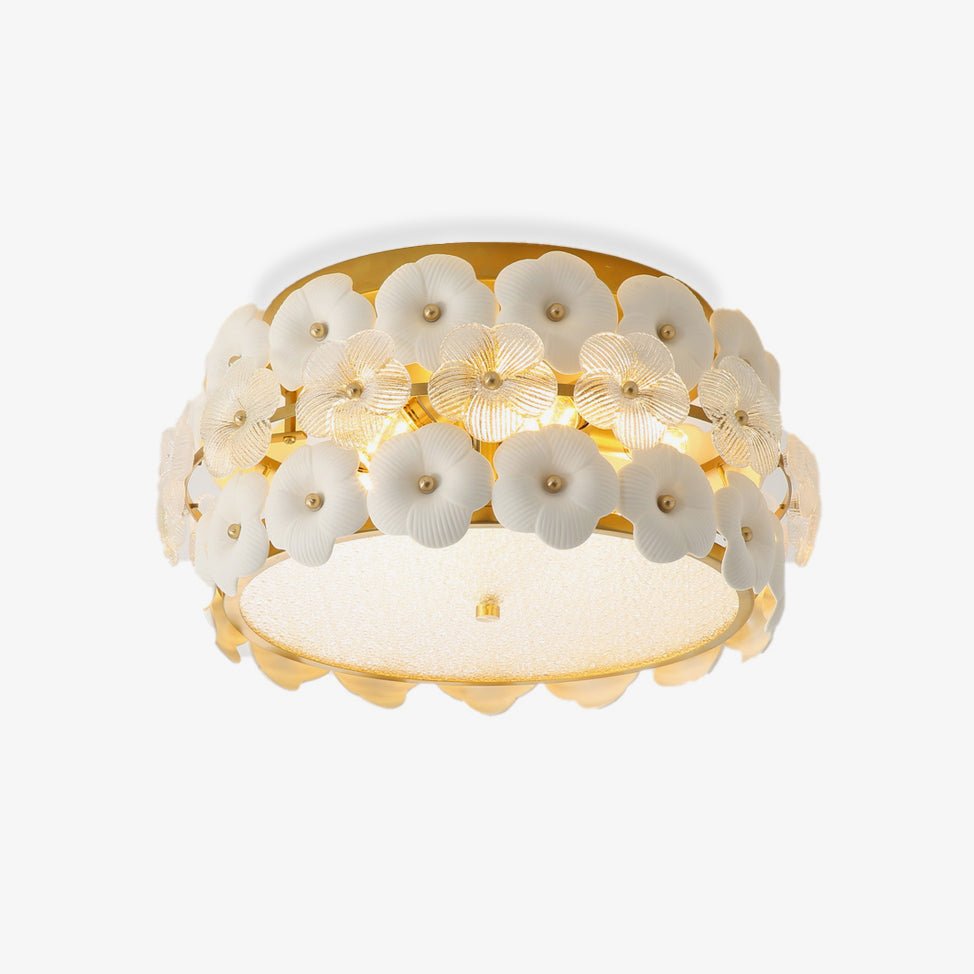 Regina Flowers Semi Flush Mount Ceiling Light in Gold and White Glass
