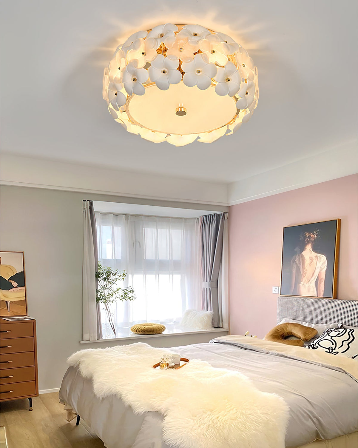 Regina Flowers Semi Flush Mount Ceiling Light in Gold and White Glass