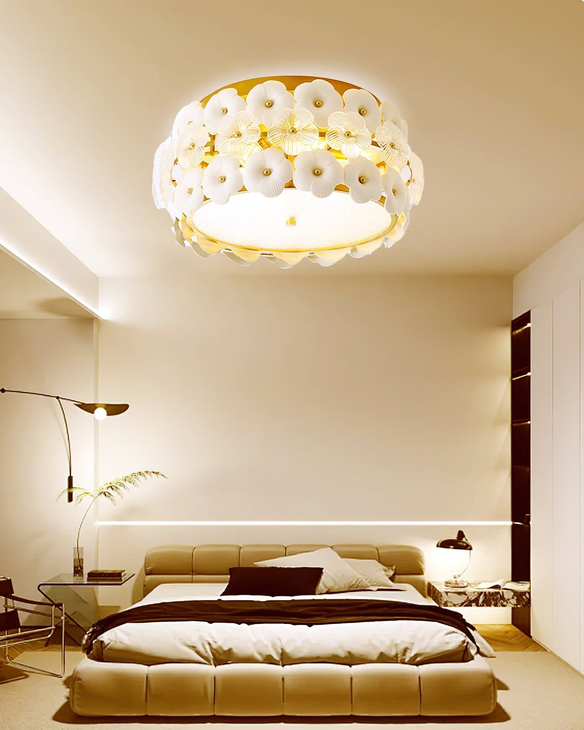 Regina Flowers Semi Flush Mount Ceiling Light in Gold and White Glass