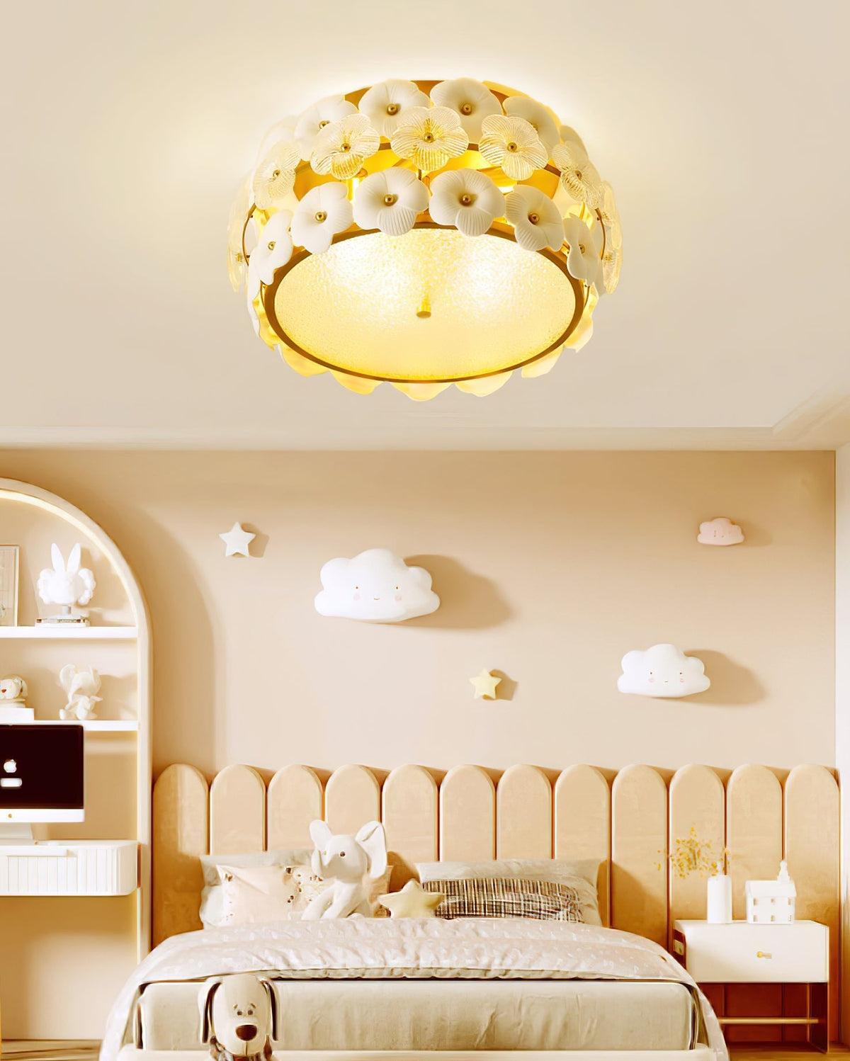 Regina Flowers Semi Flush Mount Ceiling Light in Gold and White Glass