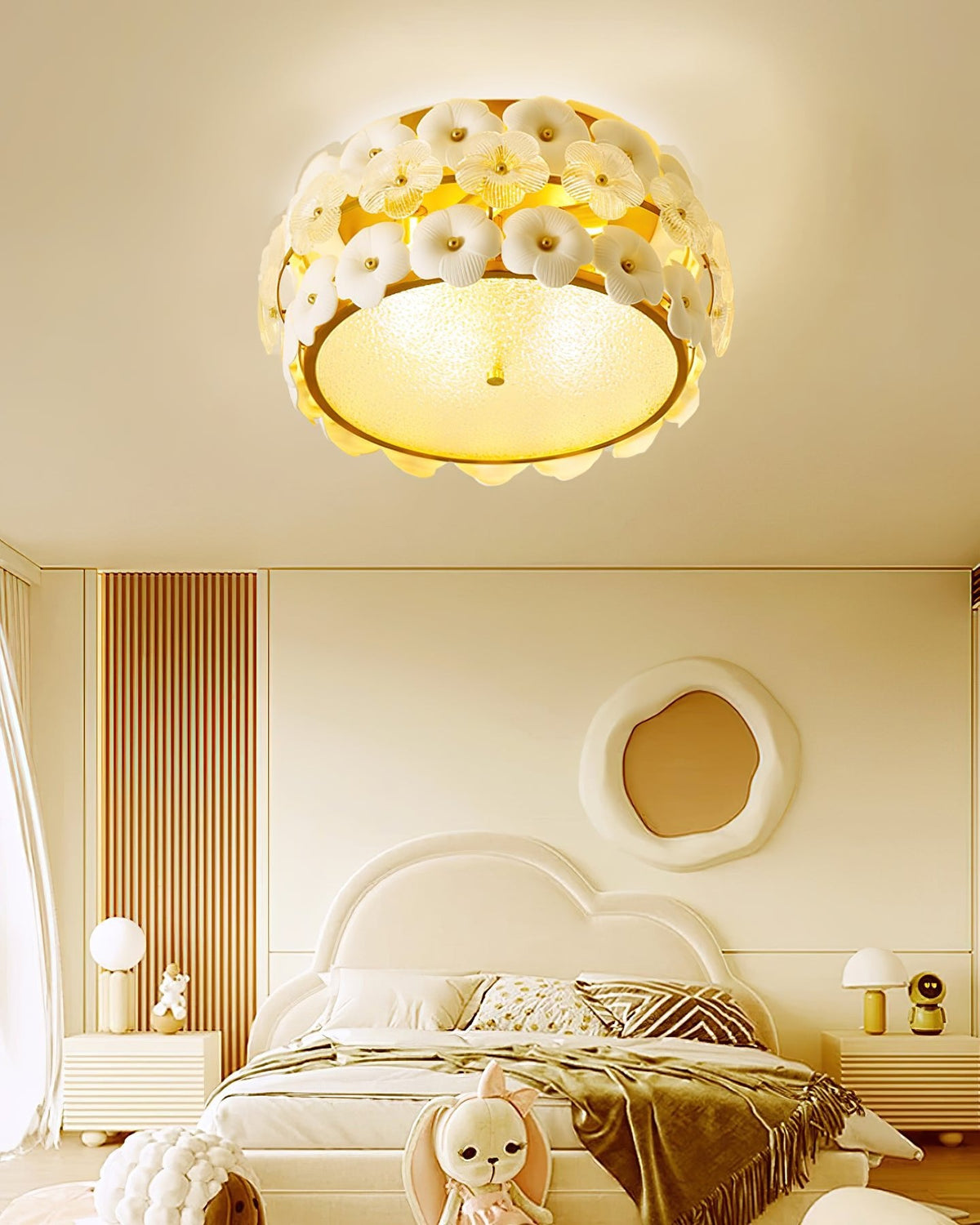 Regina Flowers Semi Flush Mount Ceiling Light in Gold and White Glass