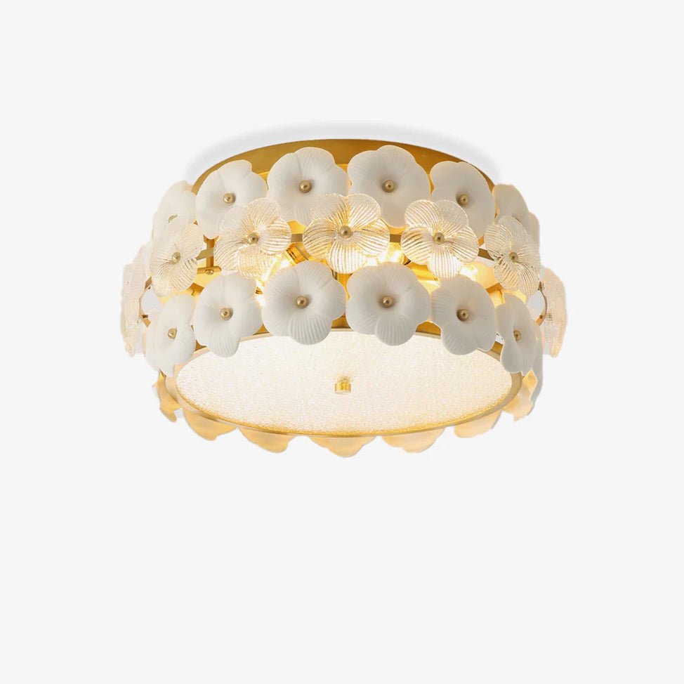 Regina Flowers Semi Flush Mount Ceiling Light in Gold and White Glass