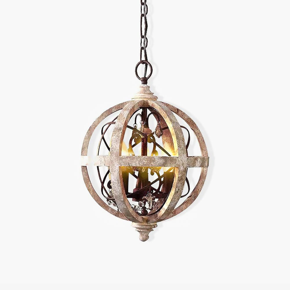 Retro Globe Chandelier with Weathered Wood and Crystal Accents