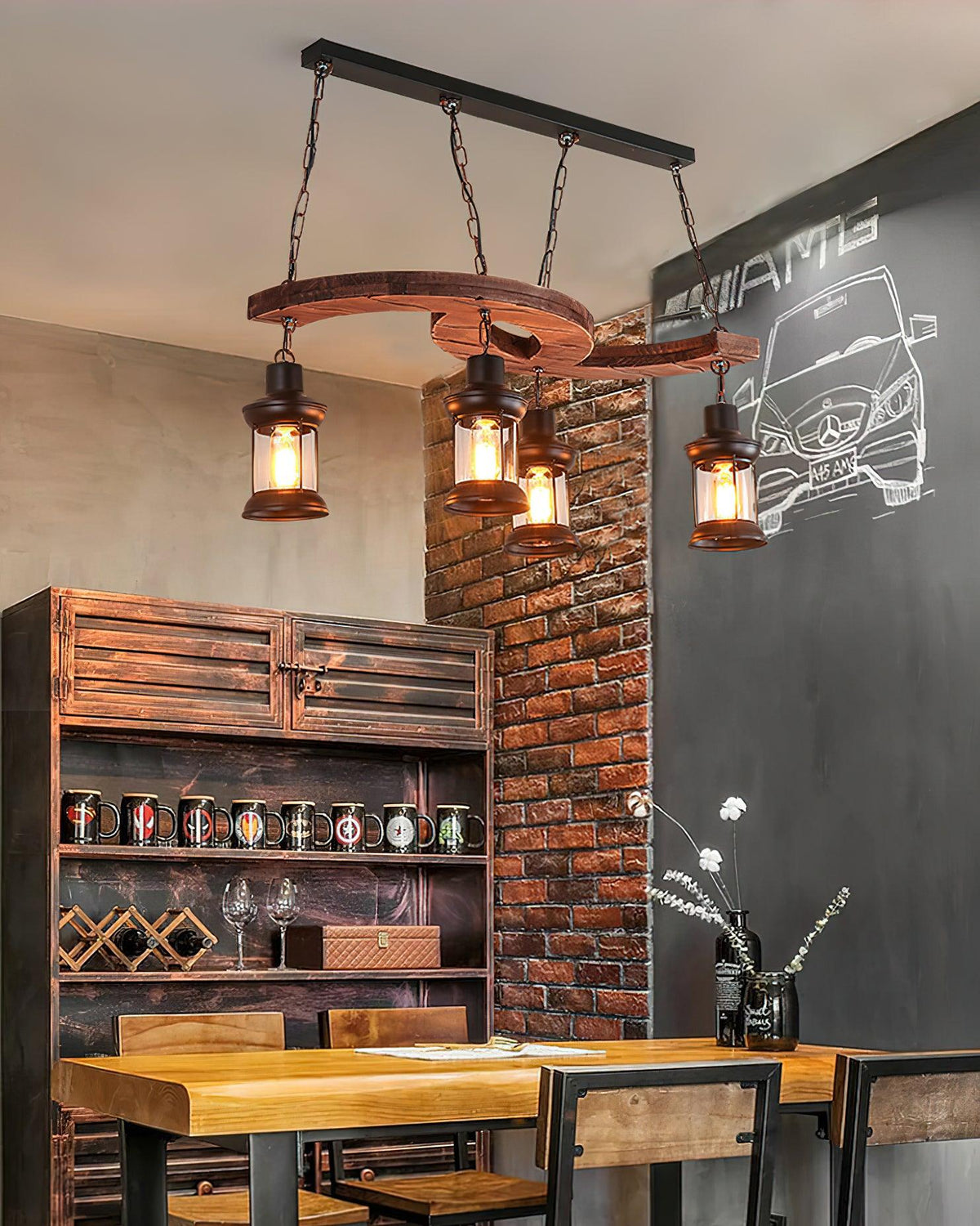 Retro Boat Wood Chandelier – Handcrafted Solid Wood & Iron Pendant Light for Dining Room, Living Room, and Restaurant