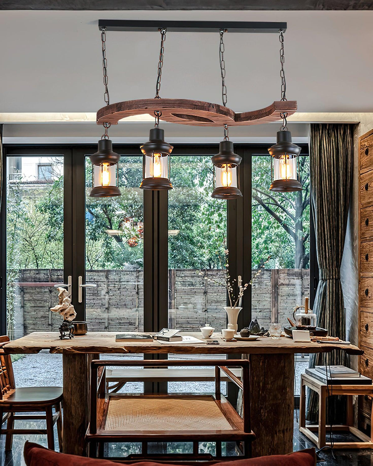 Retro Boat Wood Chandelier – Handcrafted Solid Wood & Iron Pendant Light for Dining Room, Living Room, and Restaurant