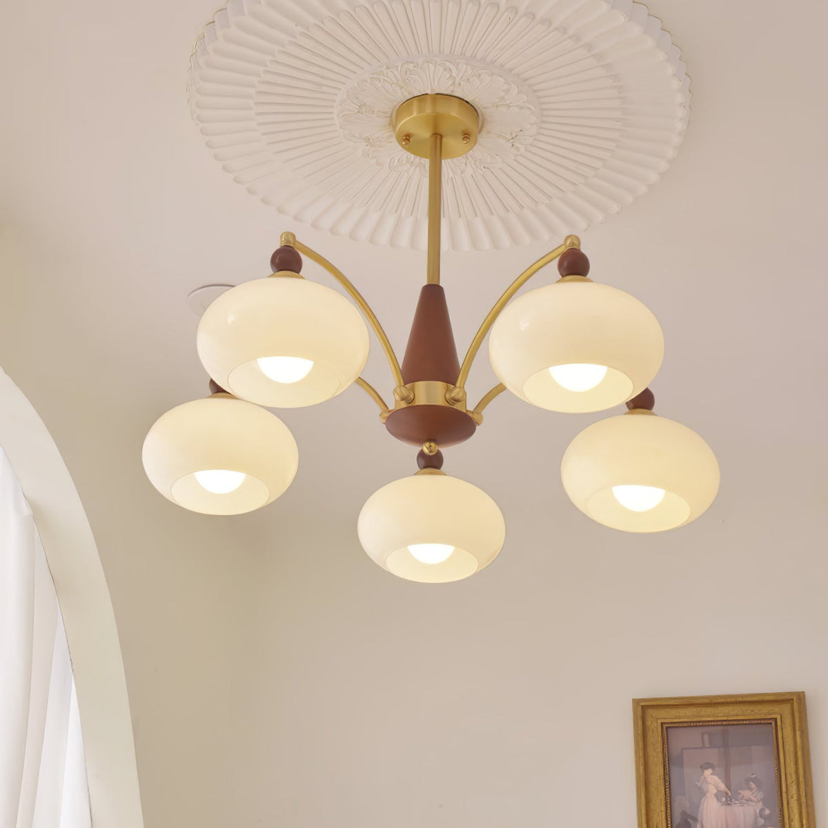 Retro Calliope Chandelier | Art Deco Wood & Glass Pendant Light for Dining Room