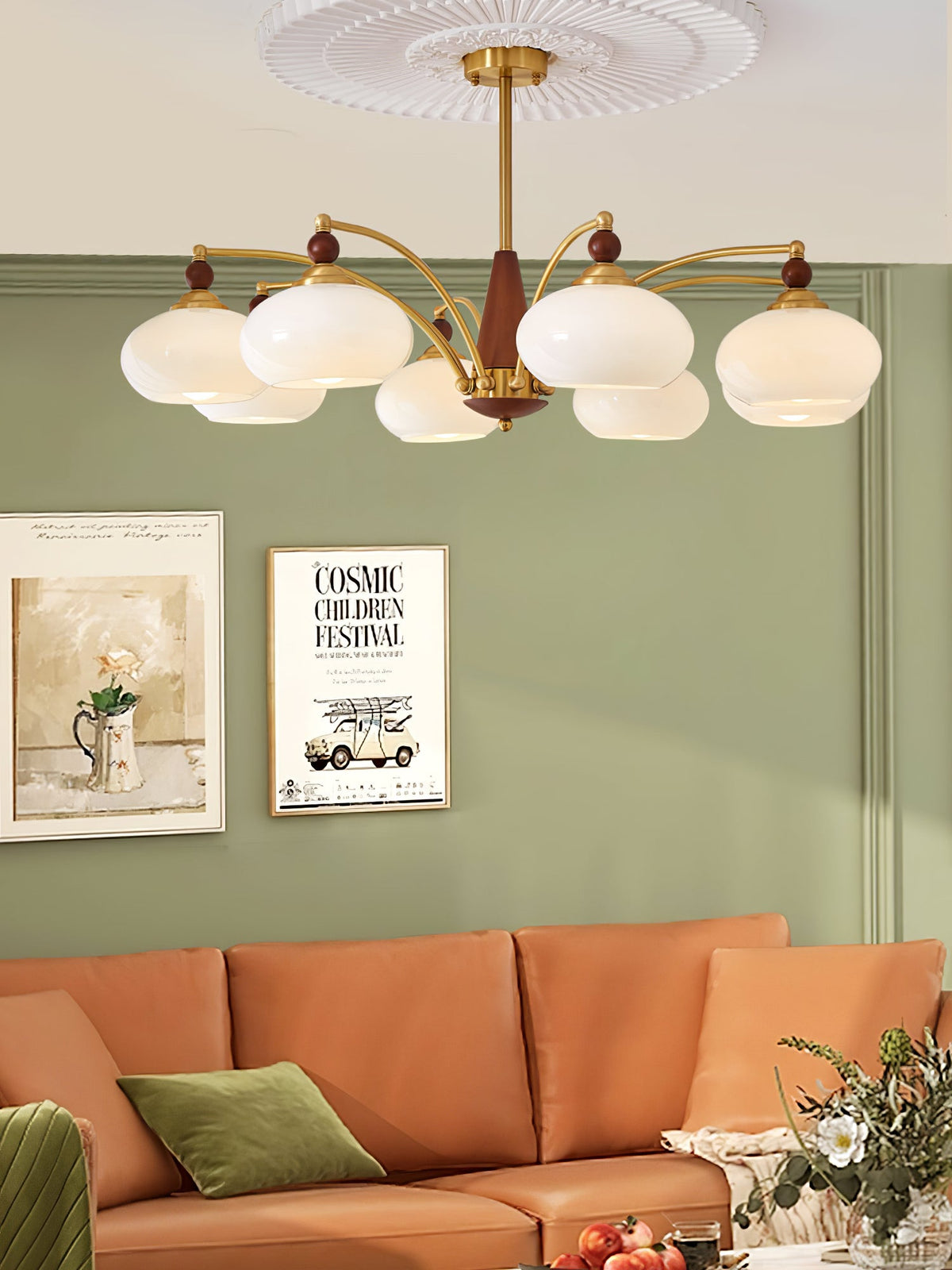 Retro Calliope Chandelier | Art Deco Wood & Glass Pendant Light for Dining Room
