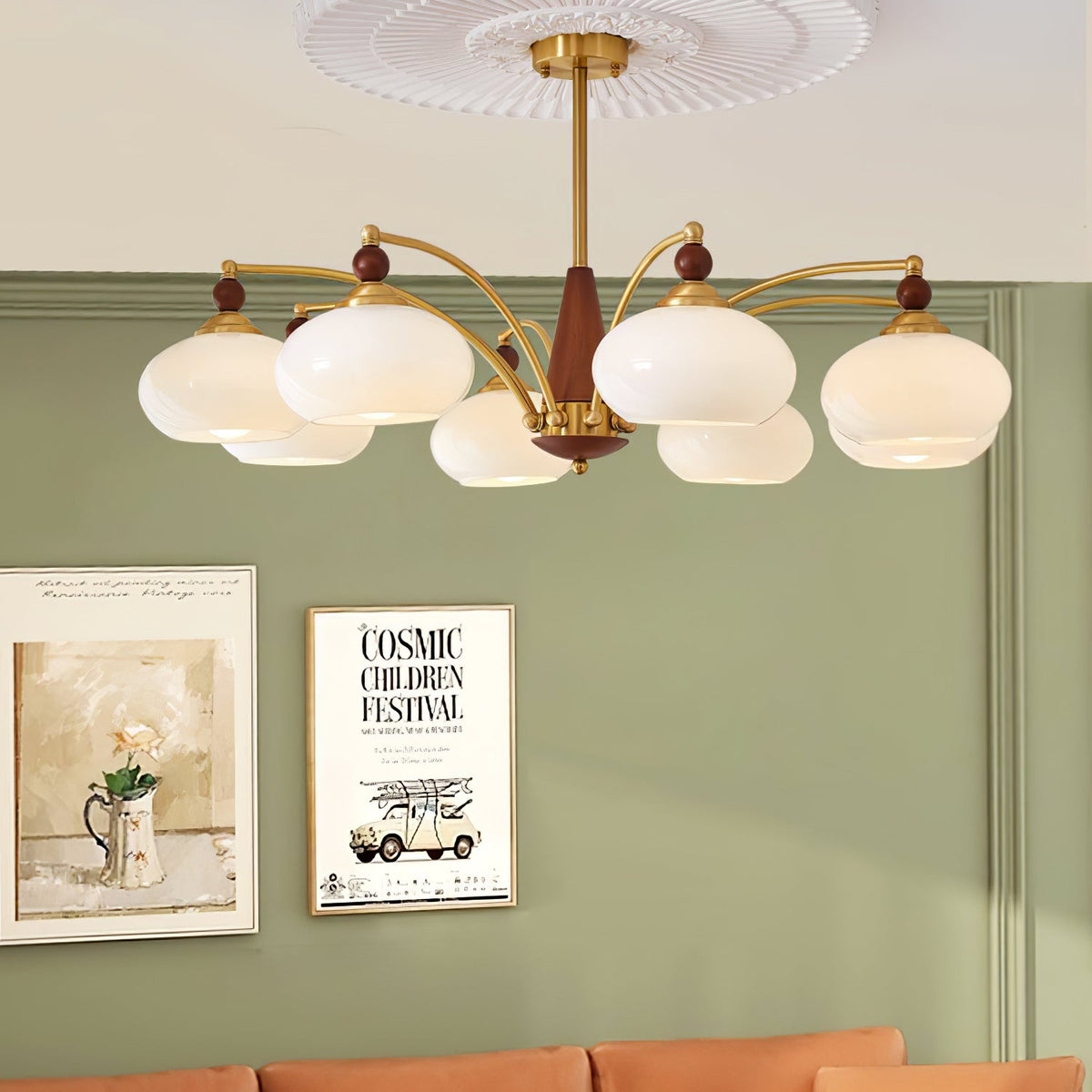 Retro Calliope Chandelier | Art Deco Wood & Glass Pendant Light for Dining Room