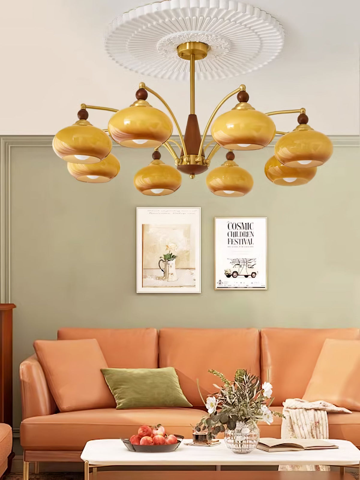 Retro Calliope Chandelier | Art Deco Wood & Glass Pendant Light for Dining Room