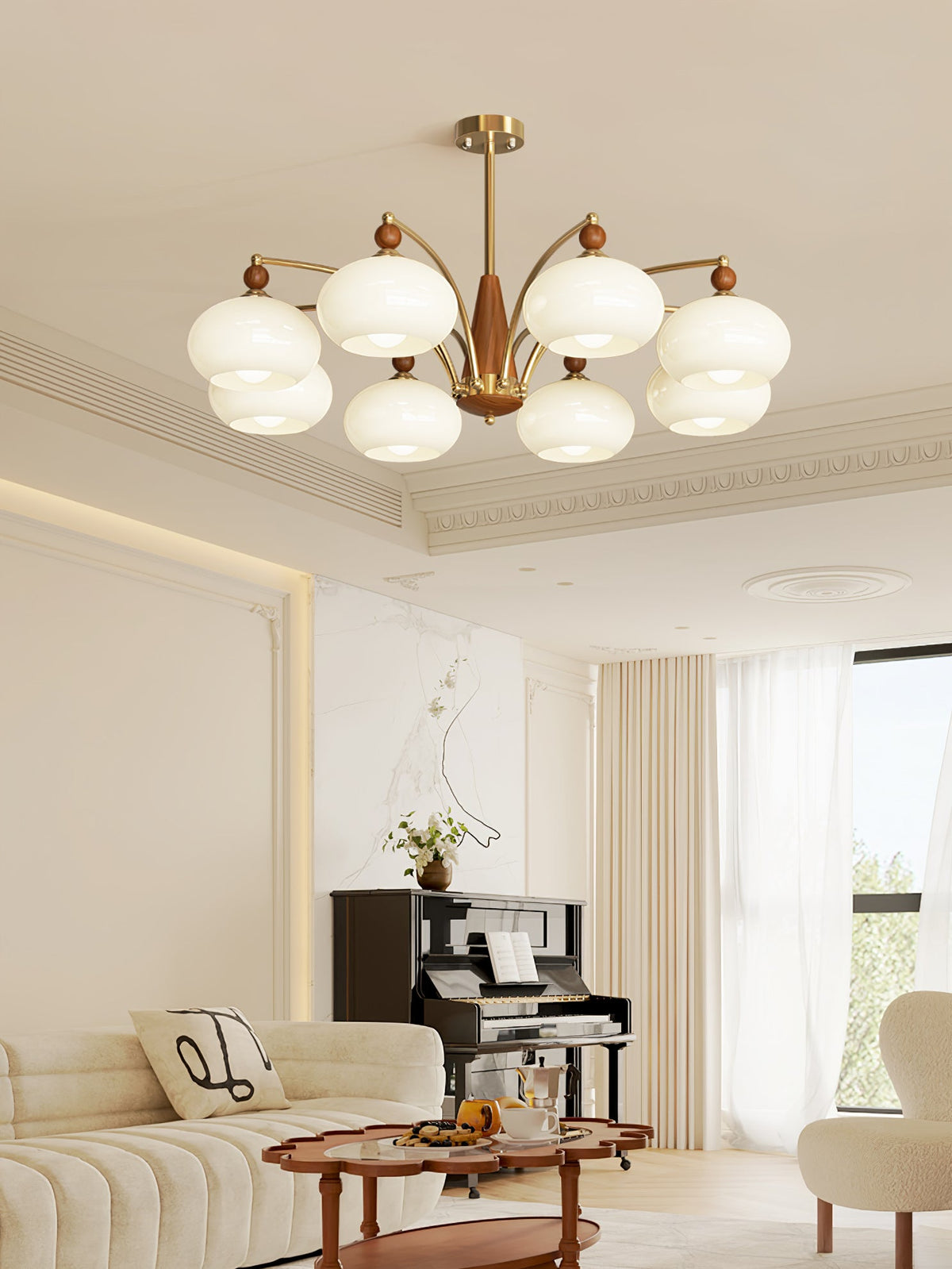 Retro Calliope Chandelier | Art Deco Wood & Glass Pendant Light for Dining Room