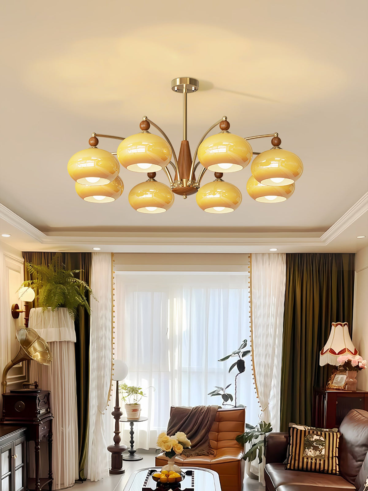 Retro Calliope Chandelier | Art Deco Wood & Glass Pendant Light for Dining Room
