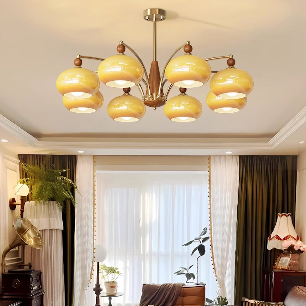 Retro Calliope Chandelier | Art Deco Wood & Glass Pendant Light for Dining Room