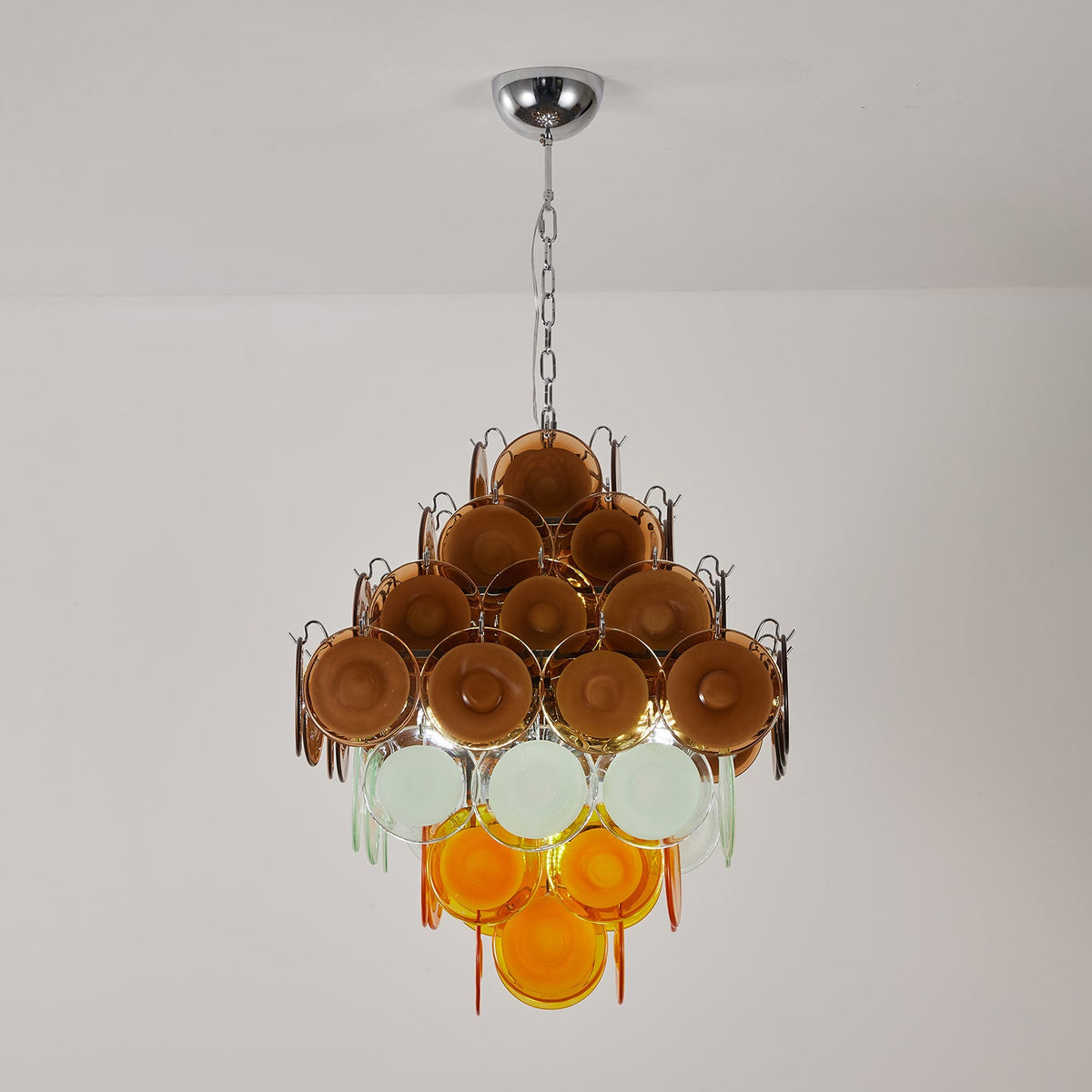 Layered Glass Disc Chandelier with Amber and Pastel Tones for Dining and Living Spaces