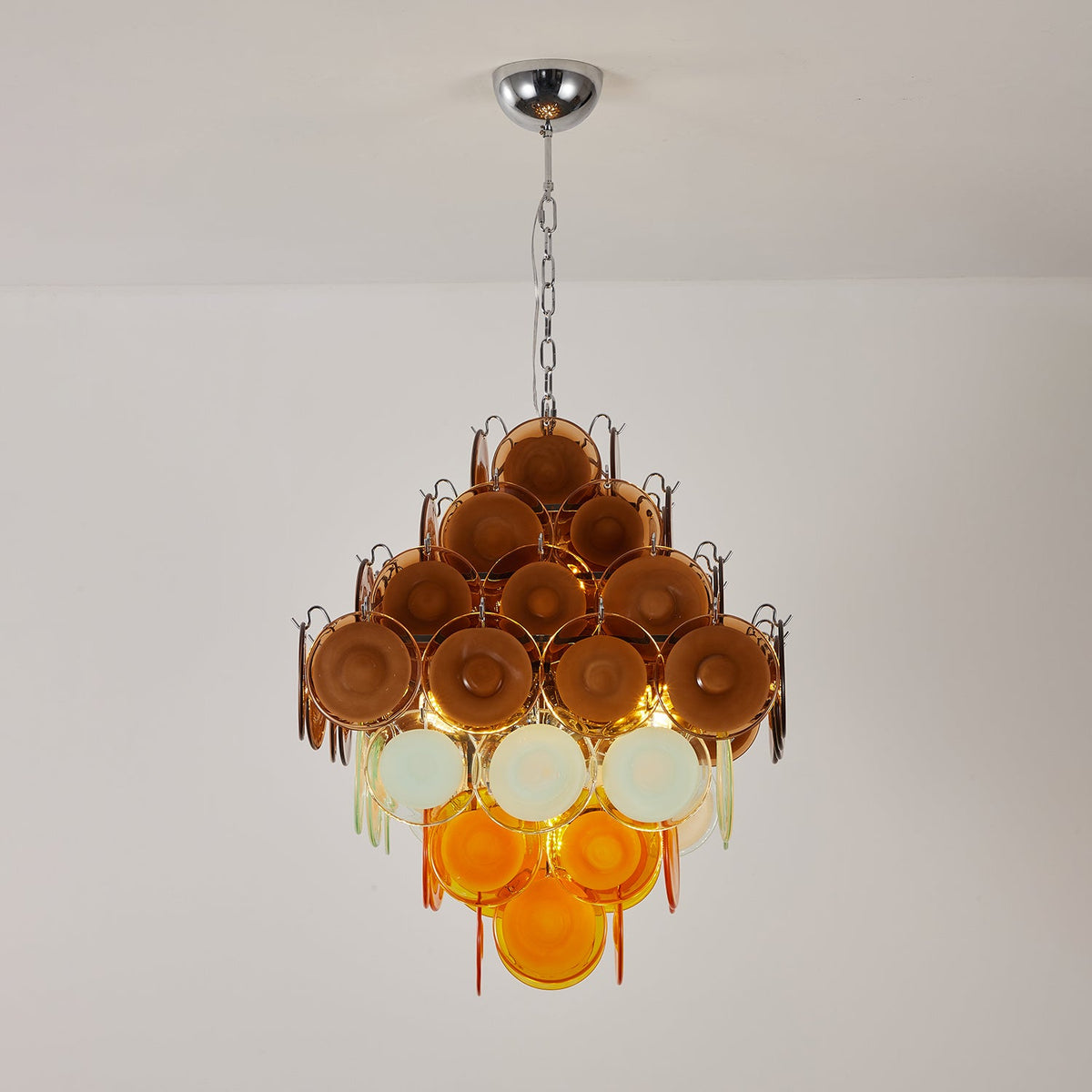 Layered Glass Disc Chandelier with Amber and Pastel Tones for Dining and Living Spaces