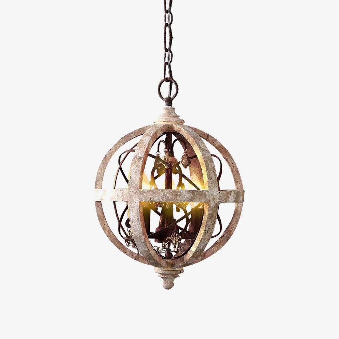 Retro Globe Chandelier with Weathered Wood and Crystal Accents