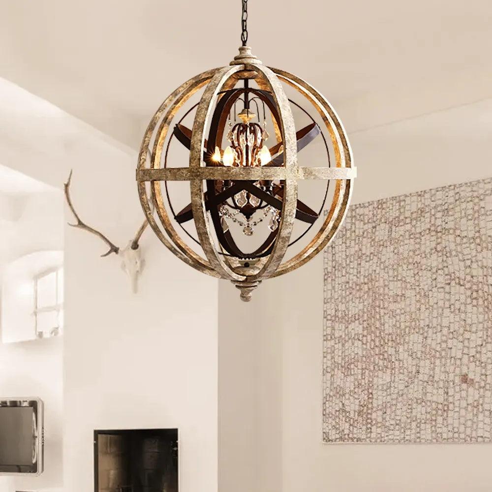 Retro Globe Chandelier with Weathered Wood and Crystal Accents