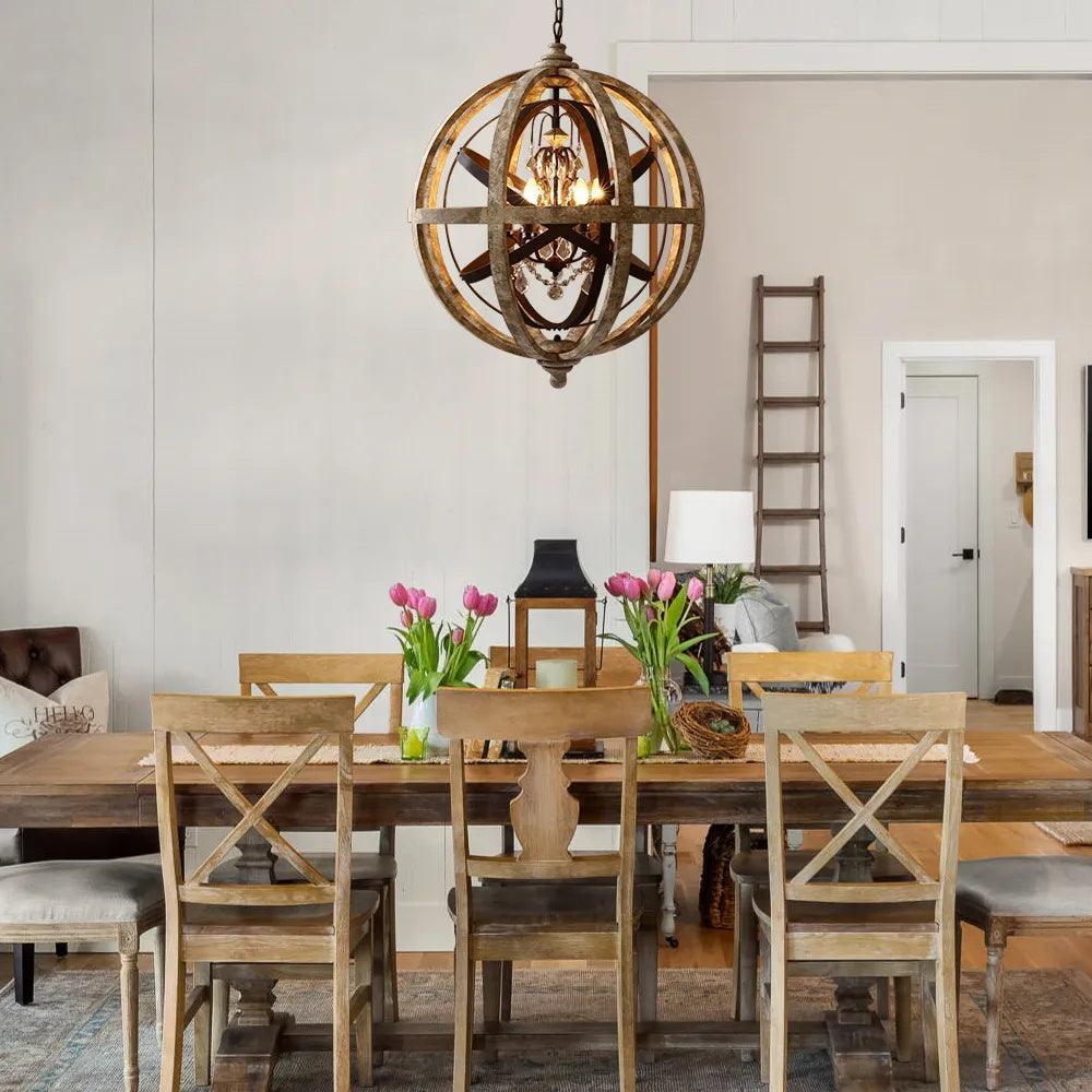 Retro Globe Chandelier with Weathered Wood and Crystal Accents