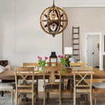 Retro Globe Chandelier with Weathered Wood and Crystal Accents