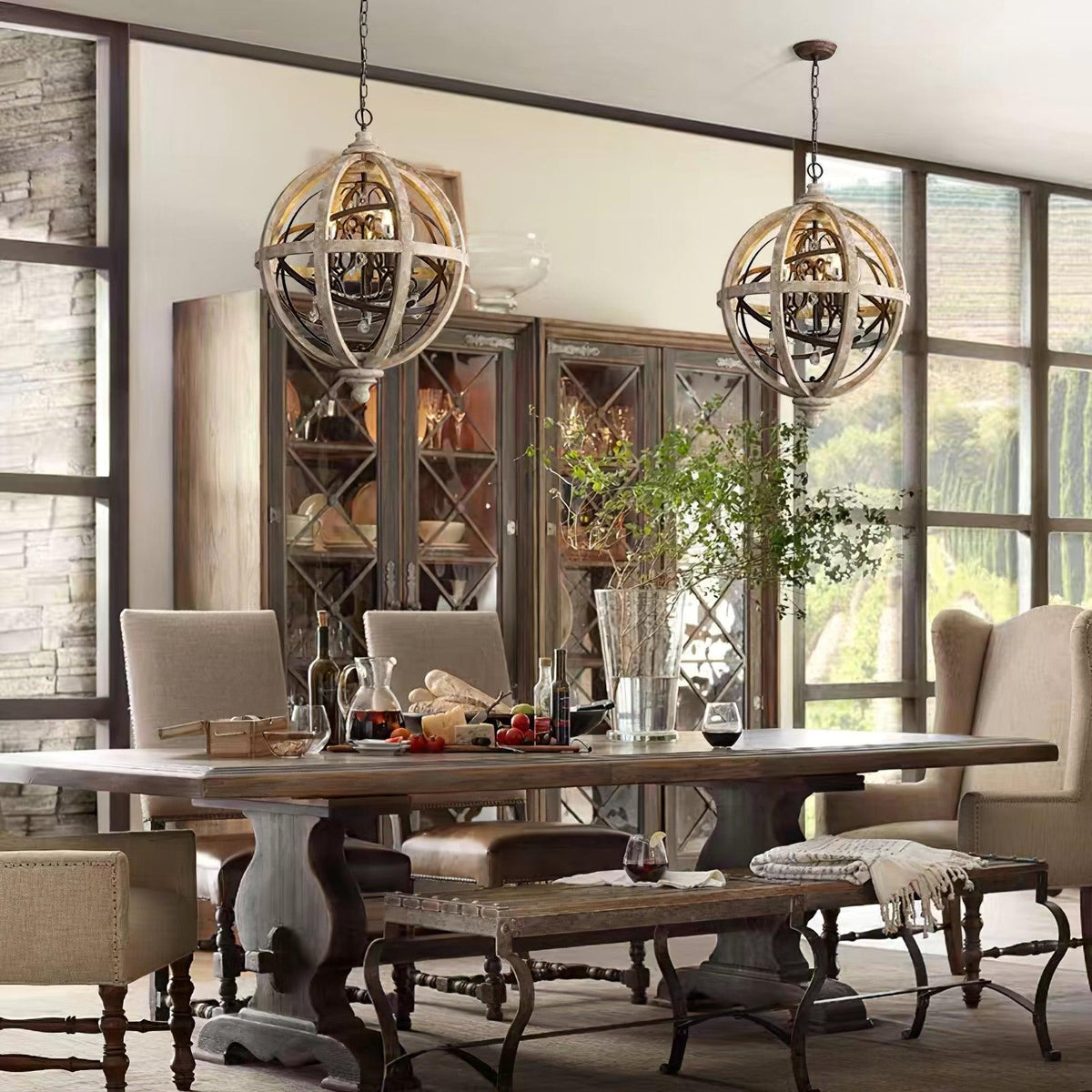 Retro Globe Chandelier with Weathered Wood and Crystal Accents