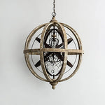 Retro Globe Chandelier with Weathered Wood and Crystal Accents