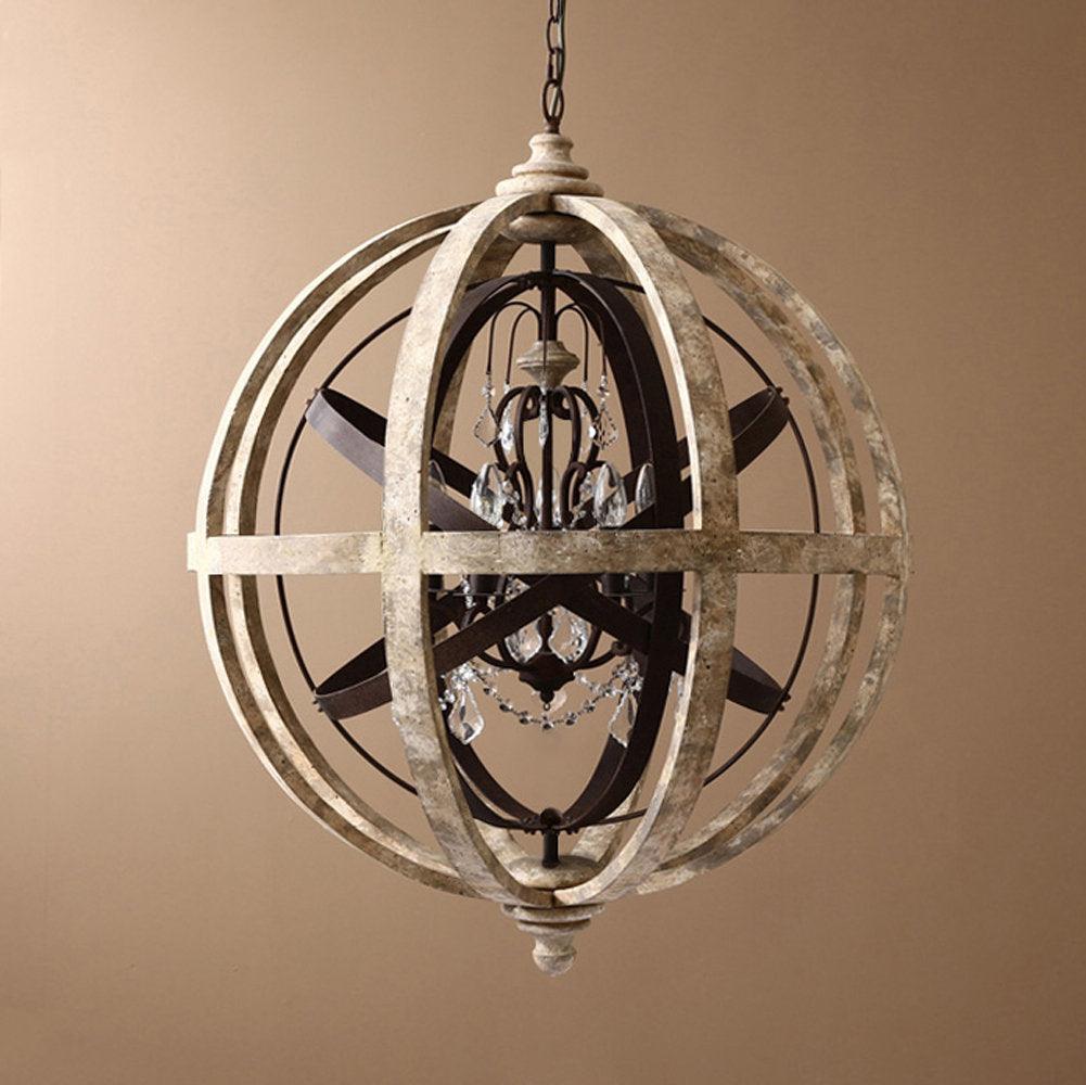 Retro Globe Chandelier with Weathered Wood and Crystal Accents