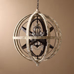 Retro Globe Chandelier with Weathered Wood and Crystal Accents