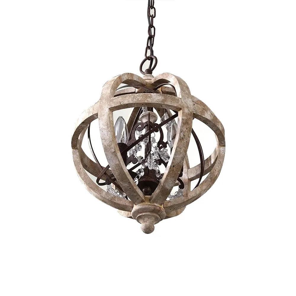 Retro Globe Chandelier with Weathered Wood and Crystal Accents
