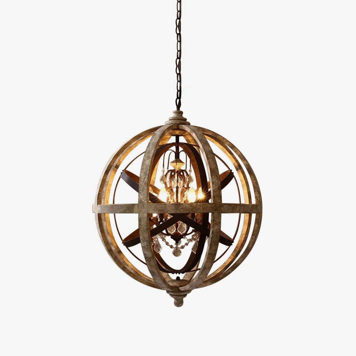 Retro Globe Chandelier with Weathered Wood and Crystal Accents