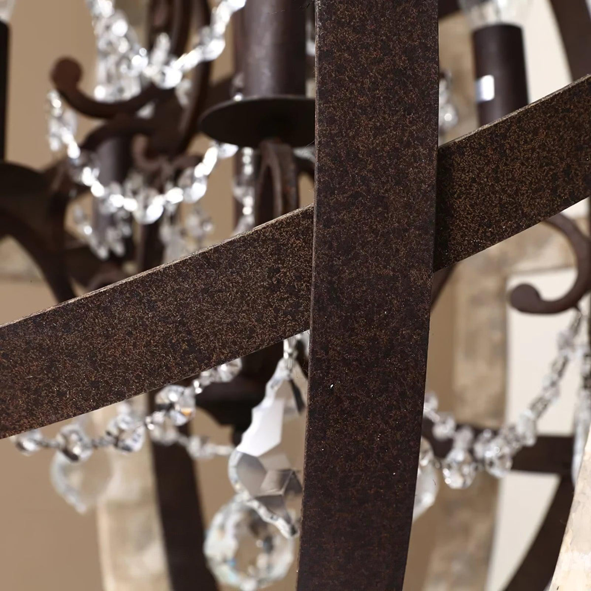 Retro Globe Chandelier with Weathered Wood and Crystal Accents