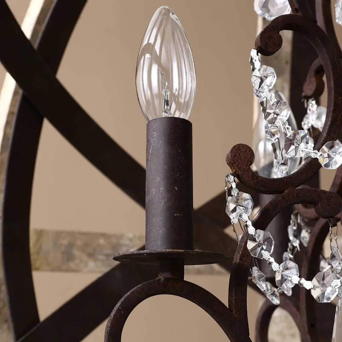 Retro Globe Chandelier with Weathered Wood and Crystal Accents