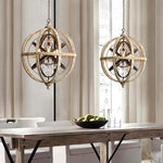 Retro Globe Chandelier with Weathered Wood and Crystal Accents