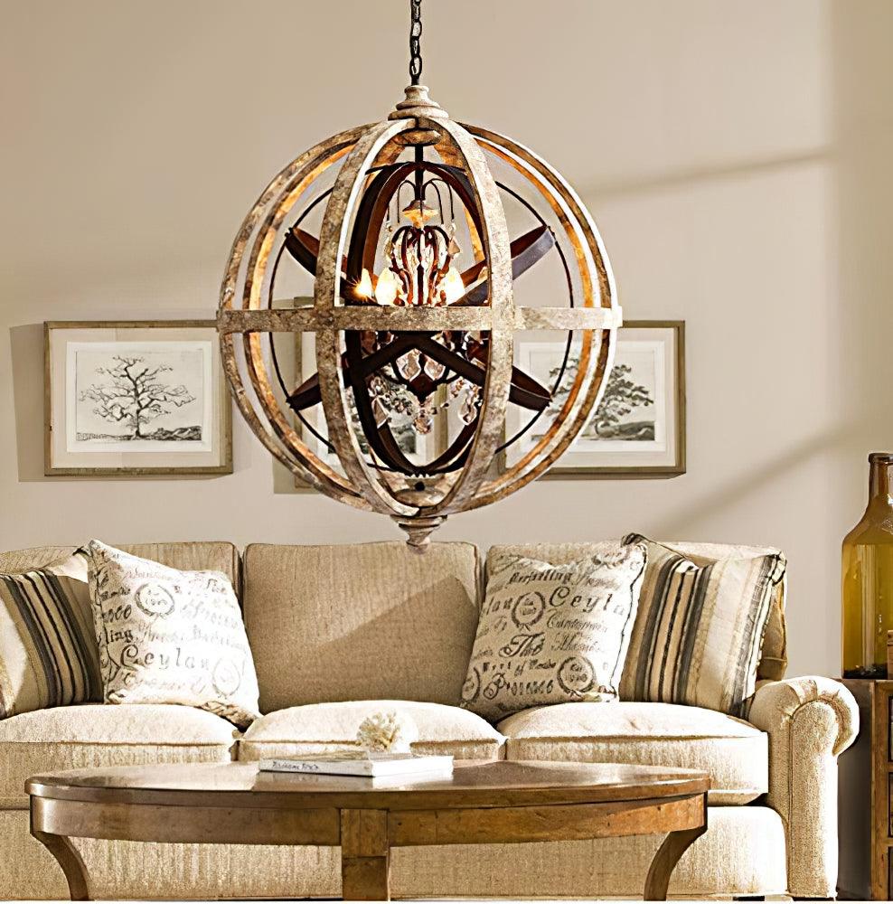 Retro Globe Chandelier with Weathered Wood and Crystal Accents