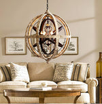 Retro Globe Chandelier with Weathered Wood and Crystal Accents