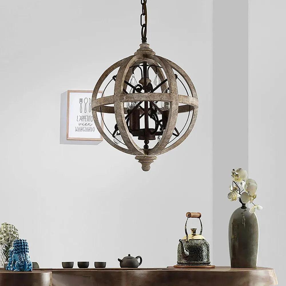 Retro Globe Chandelier with Weathered Wood and Crystal Accents