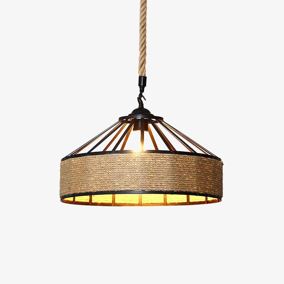 Artisan Hemp Rope Pendant Light with Iron Frame – Nordic Retro Ceiling Lamp