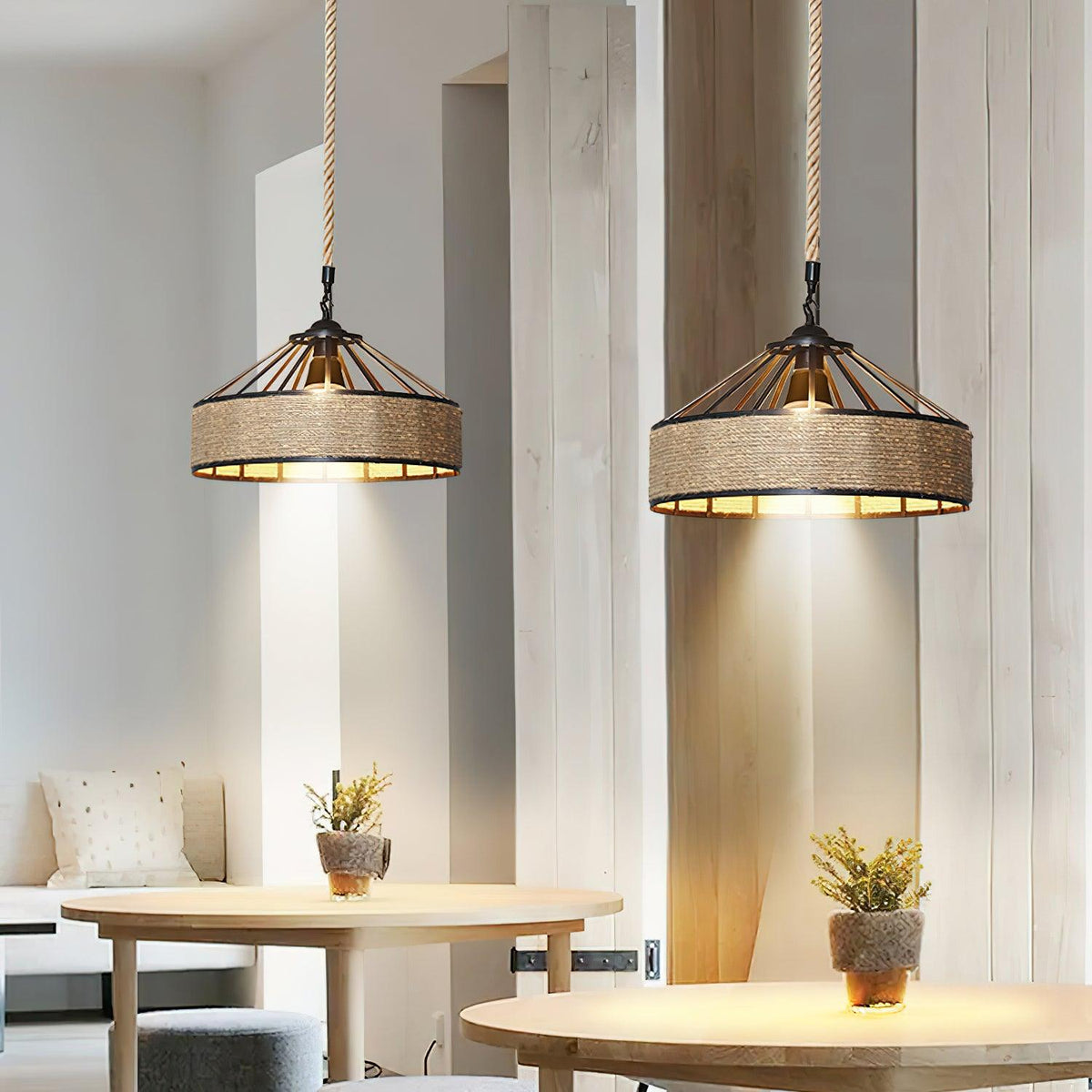 Artisan Hemp Rope Pendant Light with Iron Frame – Nordic Retro Ceiling Lamp